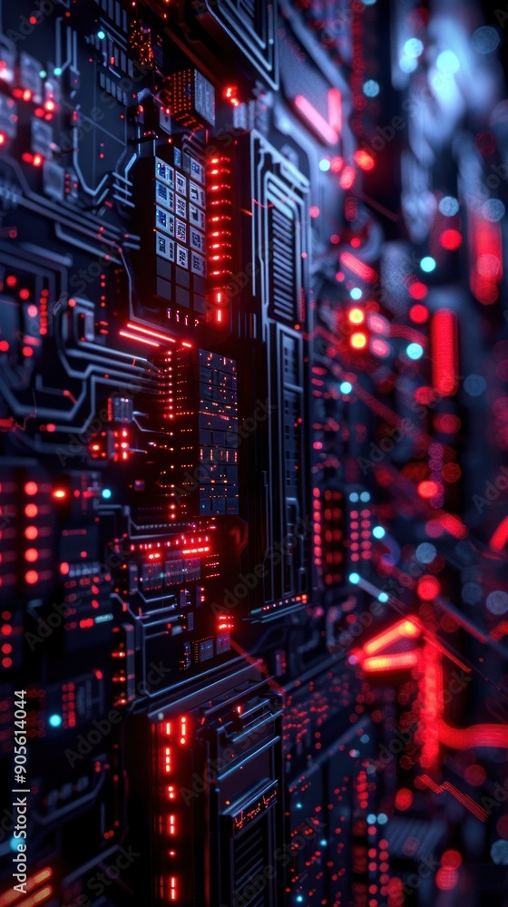 Close-up view of a futuristic circuit board with glowing red and blue lights, showcasing advanced technology and digital design. Close-up view of a futuristic circuit board with glowing red and blue lights, showcasing advanced technology and digital design.