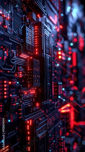 Close-up view of a futuristic circuit board with glowing red and blue lights, showcasing advanced technology and digital design. © BoOm