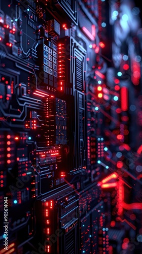 Close-up view of a futuristic circuit board with glowing red and blue lights, showcasing advanced technology and digital design.