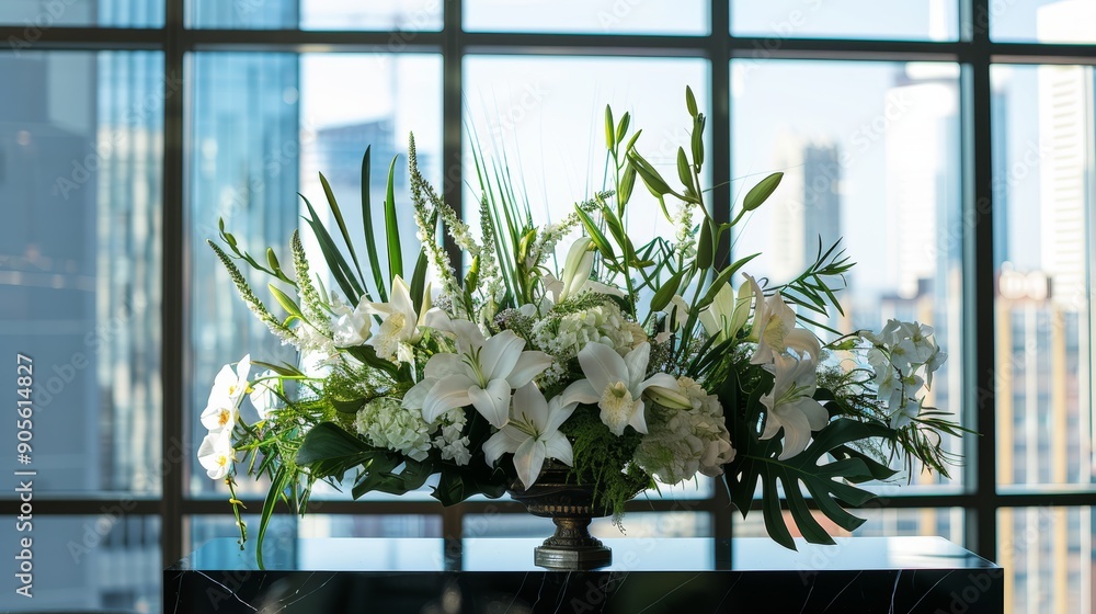 Fototapeta premium Elegant Floral Arrangement for Corporate Event with White Lilies and Orchids Against Cityscape Backdrop