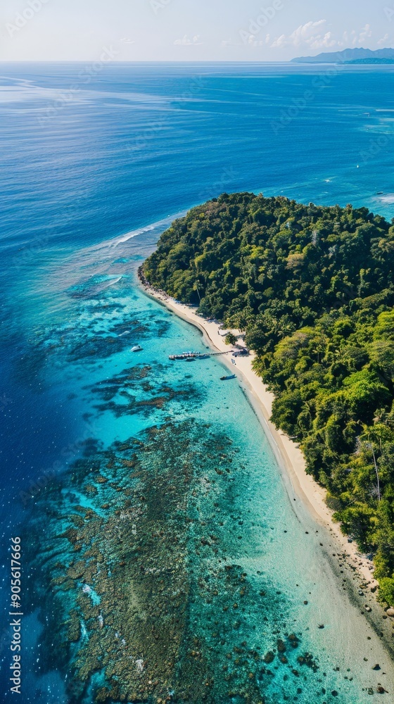 Obraz premium A beautiful blue ocean with a small island in the distance