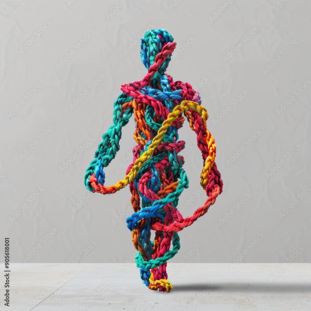 The Interconnected Web of Human Relationships and Personal Networks, Visualized as Shapes Linked by Assorted Ropes, Symbolizing Creativity, Mental Health, and Psychology The Interconnected Web of Human Relationships and Personal Networks, Visualized as Shapes Linked by Assorted Ropes, Symbolizing Creativity, Mental Health, and Psychology