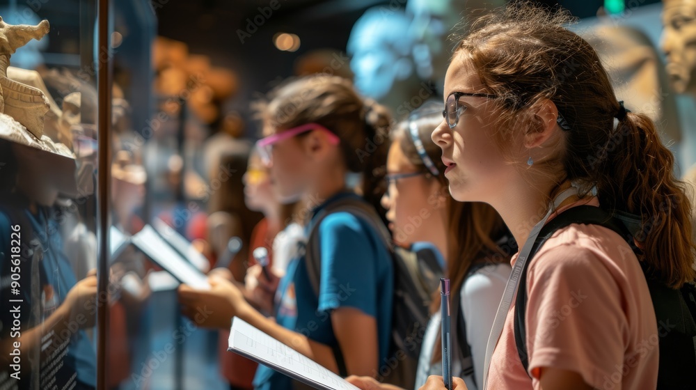Curious Classmates Exploring Science Museum Exhibit on Ancient Civilizations, Ideal for Educational Themes Curious Classmates Exploring Science Museum Exhibit on Ancient Civilizations, Ideal for Educational Themes