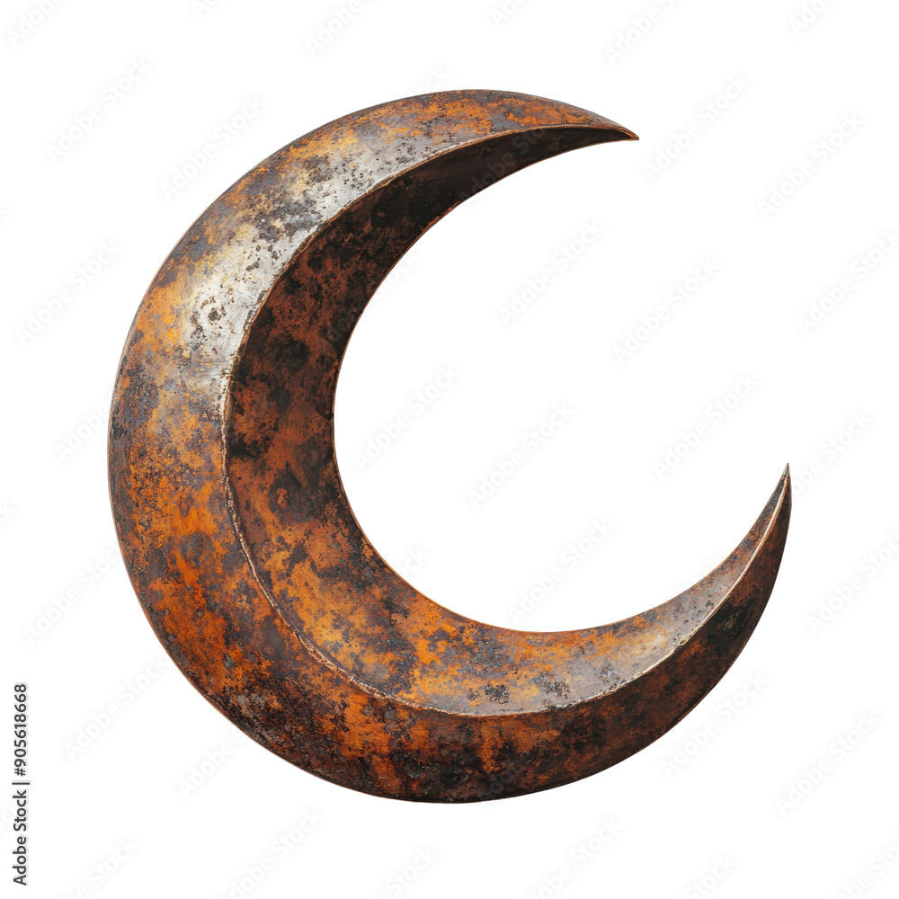 A rusty metal crescent moon with a sharp point A rusty metal crescent moon with a sharp point