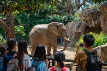 Classmates Visiting a Zoo for an Educational Trip, Observing Elephants in Their Habitat