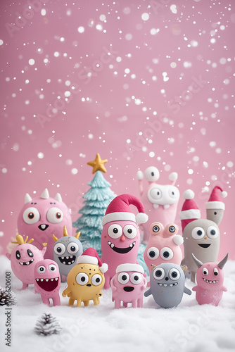 cute flurry pink monster singing xmas carols in pink snow background photo