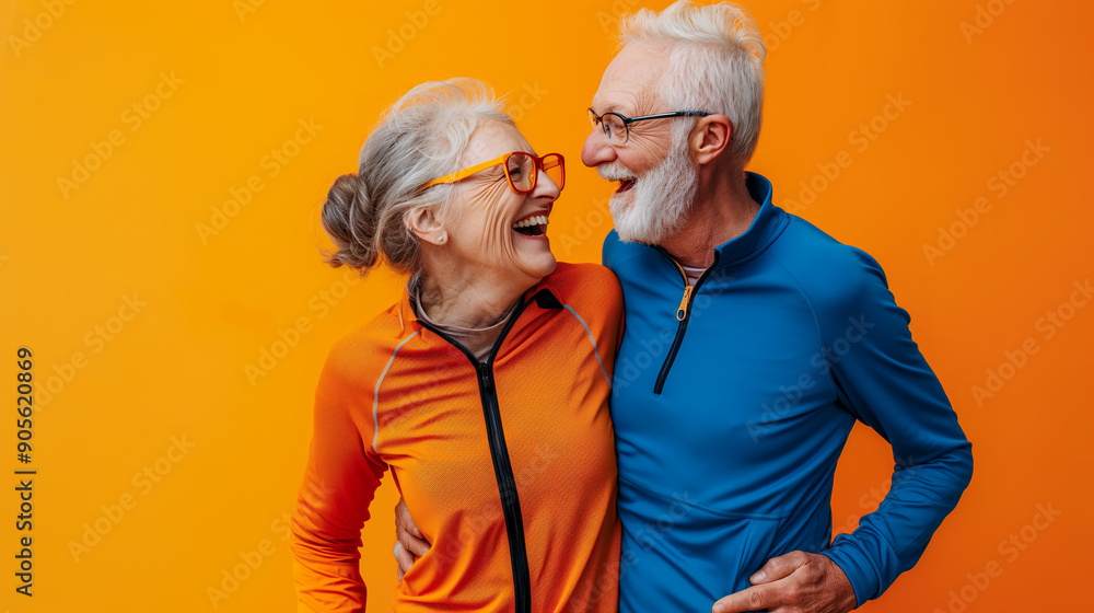 senior couple in sportswear laughing and wearing glasses against an orange background, showcasing their active lifestyle for fitness advertising senior couple in sportswear laughing and wearing glasses against an orange background, showcasing their active lifestyle for fitness advertising