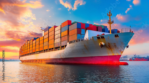 Large cargo ship with containers in the port