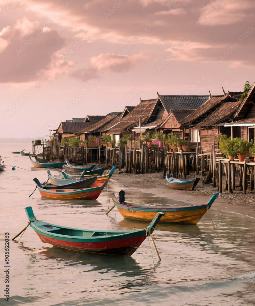 Obraz premium A tranquil scene of a traditional fishing village with colorful boats bobbing in the water and stilt houses lining the shore.