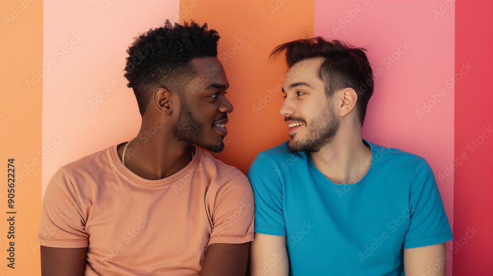 Two men exchange a tender gaze, beautifully embodying the joy and happiness of their loving relationship, all set against a vibrant striped background that enhances and brightens the scene Two men exchange a tender gaze, beautifully embodying the joy and happiness of their loving relationship, all set against a vibrant striped background that enhances and brightens the scene