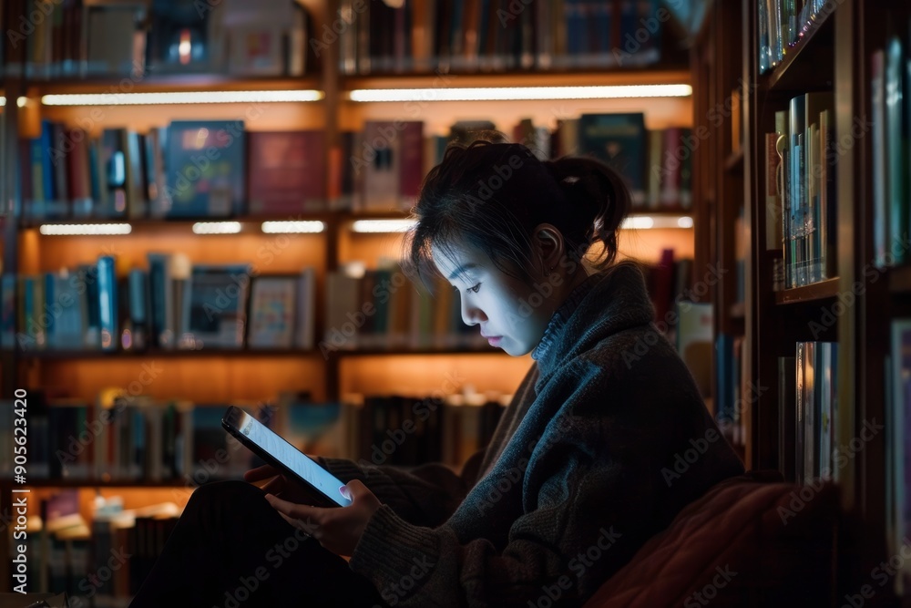 Young Adult Reading an eBook in Cozy Library Corner - Technology and Traditional Spaces Integration Young Adult Reading an eBook in Cozy Library Corner - Technology and Traditional Spaces Integration