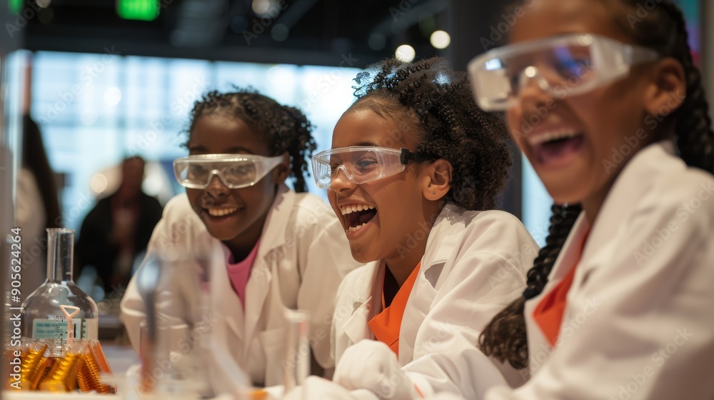 Classmates Enjoying Hands-On Science Experiment in Lab with Safety Goggles and Lab Coats Classmates Enjoying Hands-On Science Experiment in Lab with Safety Goggles and Lab Coats