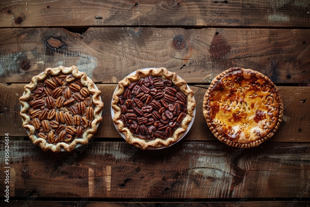 Three Homemade Pies on Rustic Wooden Tabletop