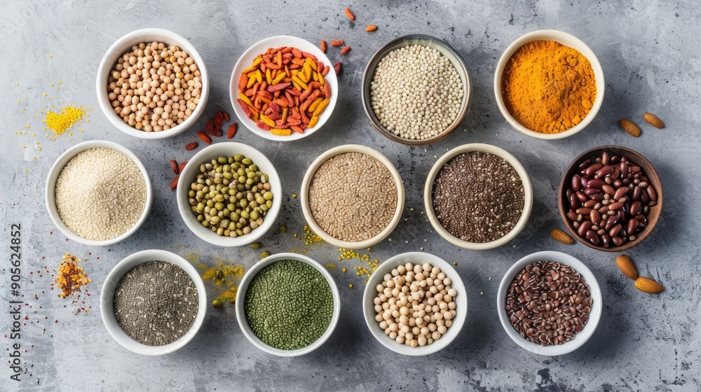 A variety of different colored and shaped beans and nuts are displayed in white bowls. The bowls are arranged in a row, with some bowls containing more beans than others A variety of different colored and shaped beans and nuts are displayed in white bowls. The bowls are arranged in a row, with some bowls containing more beans than others