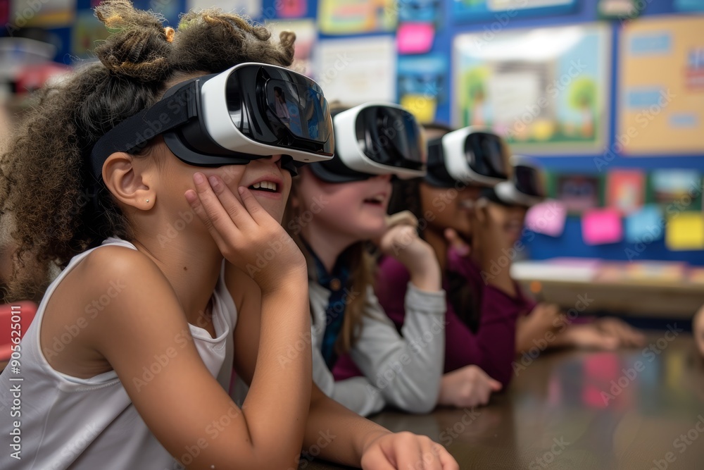 Elementary Students Using VR Goggles for Collaborative Virtual Scavenger Hunt in a Vibrant Classroom Setting