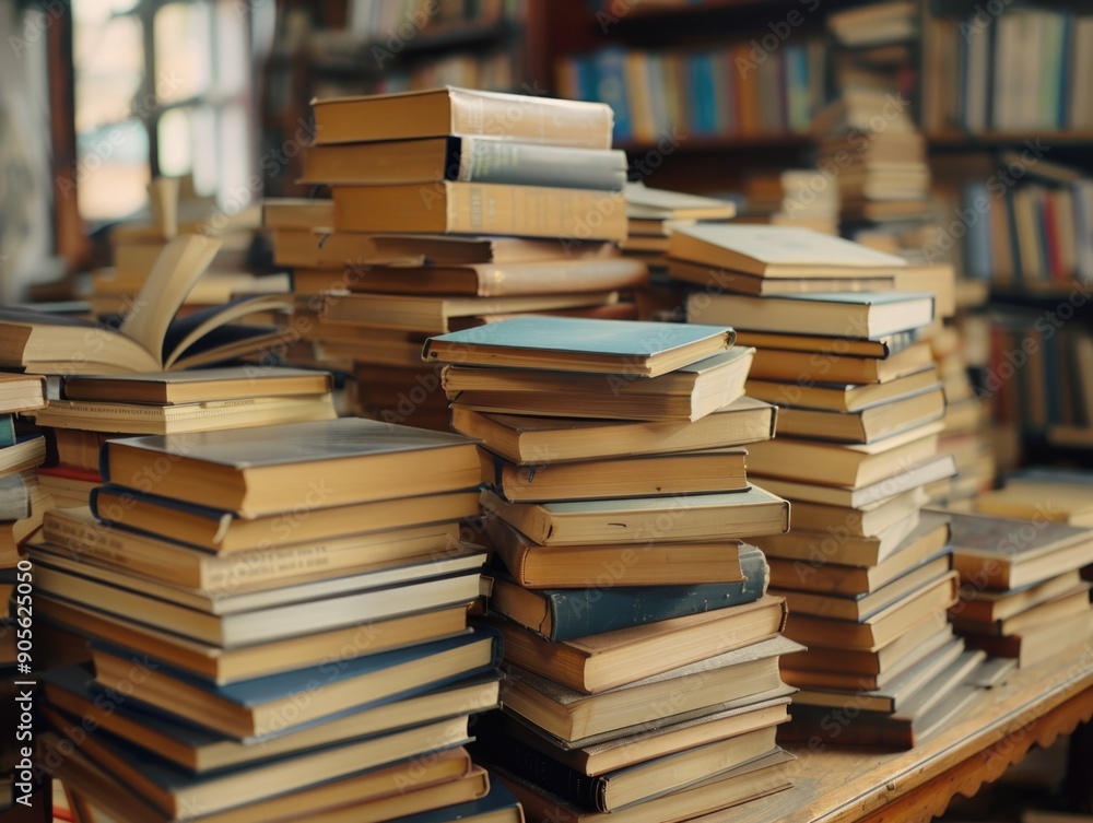 A pile of books on a table with a window behind them. The books are stacked on top of each other, with some of them being open. The scene gives off a feeling of a library or a study area A pile of books on a table with a window behind them. The books are stacked on top of each other, with some of them being open. The scene gives off a feeling of a library or a study area