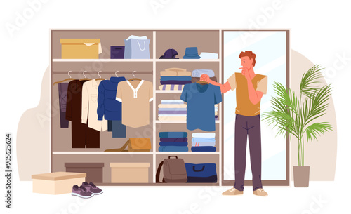 Open wardrobe with clothes, choose stylish outfit for day in closet. Young man holding hanger with tee shirt at cupboard to find and select garments, organize things cartoon