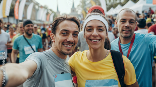 Happy runners taking a selfie at a marathon event with a joyful crowd