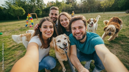 Happy friends taking selfie with dogs in the park on a sunny day