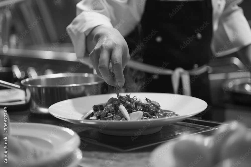 A chef is preparing a dish with a hand on a plate. The dish is on a white plate and the chef is sprinkling something on it. The chef is wearing a black apron A chef is preparing a dish with a hand on a plate. The dish is on a white plate and the chef is sprinkling something on it. The chef is wearing a black apron