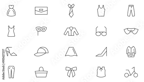Fashion line icon set. containing tailor, accessories, dress, hoody, pullover, bath suit jacket pants, skirt, jacket, evening dress, cardigan Outline icon collection. UI thin icon pack.