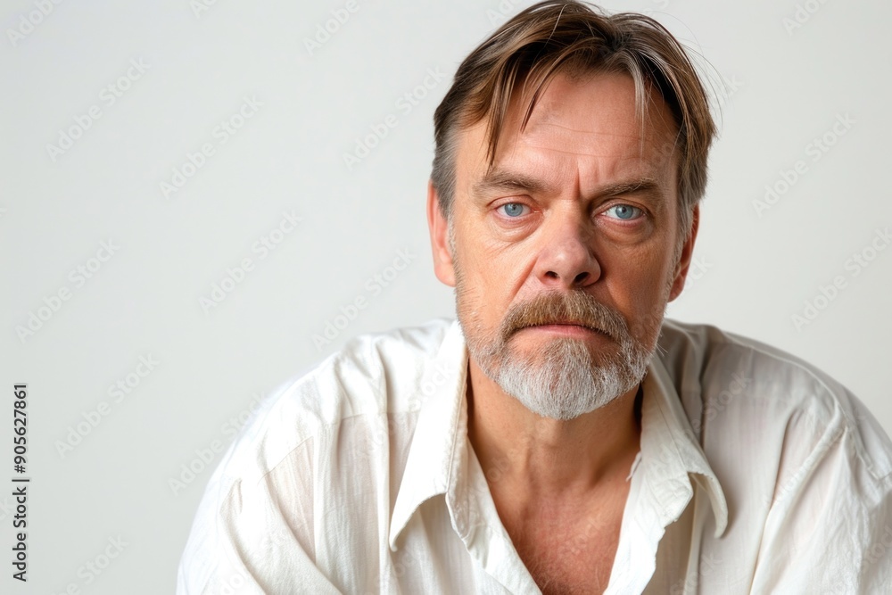 A man with a beard and gray hair is sitting with his arms crossed and looking away. He is in a bad mood A man with a beard and gray hair is sitting with his arms crossed and looking away. He is in a bad mood