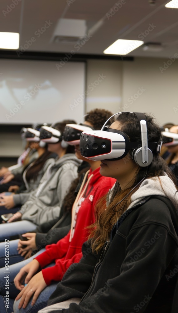 Fototapeta premium Students Engaging in Interactive Virtual Debate Using VR Headsets in Modern Classroom Setting