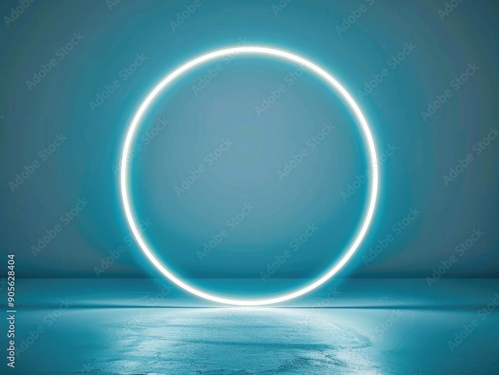 A blue room with a neon lighted circle in the center. The circle is lit up and he is glowing A blue room with a neon lighted circle in the center. The circle is lit up and he is glowing