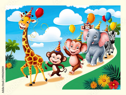 Illustration of the wild animals near the big tree
