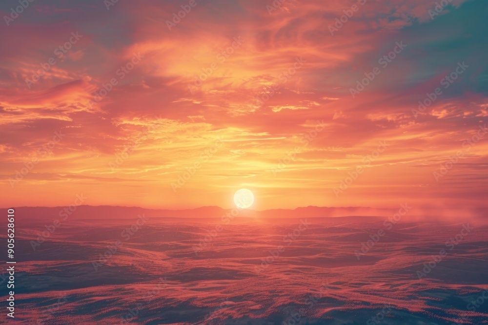 Fototapeta premium A beautiful sunset with a large sun in the sky. The sky is filled with clouds and the sun is shining brightly