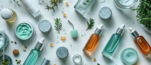 A beautiful flat lay of different beauty products including a jade roller, serums, and moisturizers, arranged artistically on a white surface, high detail