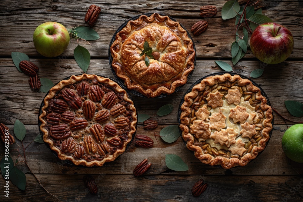 Rustic Wooden Tabletop Display with Three Homemade Pies and Apples Rustic Wooden Tabletop Display with Three Homemade Pies and Apples