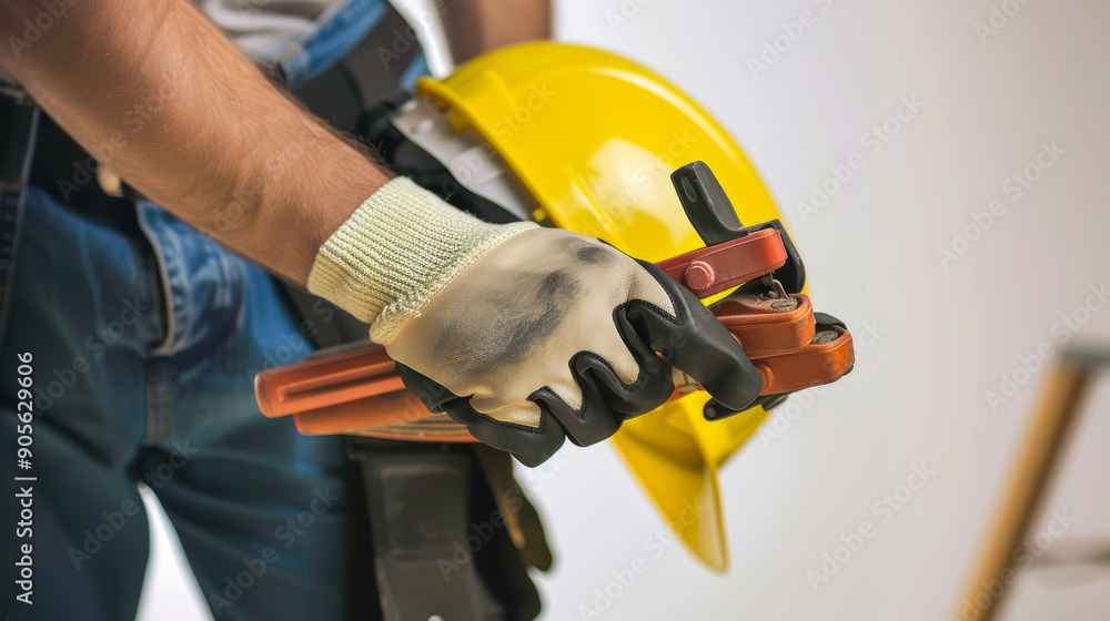 Construction Worker Holding Safety Helmet and Tools Construction Worker Holding Safety Helmet and Tools