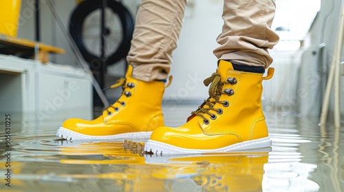 Person in yellow boots standing in a flooded basement, water damage visible Realistic, high-resolution, digital art, flood cleanup and restoration photo