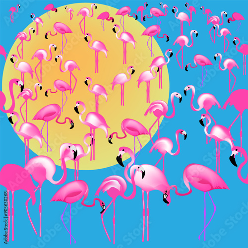 A flock of cute bright pink flamingos stands in different poses against the background of a summer landscape. There are a lot of pink flamingos here.A trip to a fabulous hot country.Seamless pattern. 