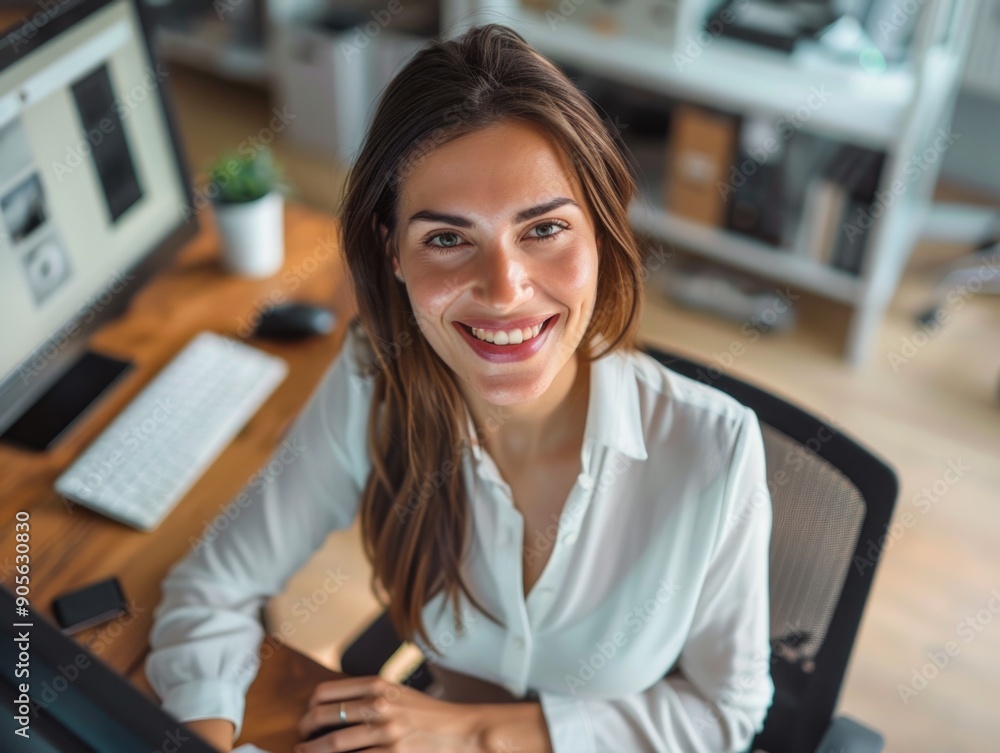 A woman is sitting at a desk with a computer monitor in front of her. She is smiling and she is happy A woman is sitting at a desk with a computer monitor in front of her. She is smiling and she is happy