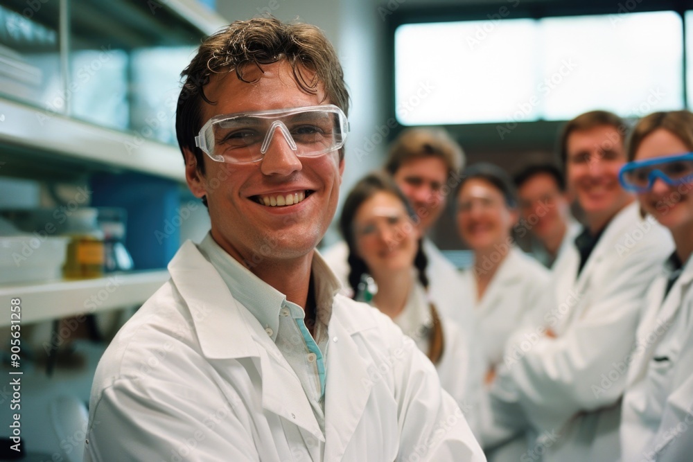 A group of scientists wearing lab coats and goggles are smiling for the camera. The man in the center is wearing a white lab coat and goggles A group of scientists wearing lab coats and goggles are smiling for the camera. The man in the center is wearing a white lab coat and goggles
