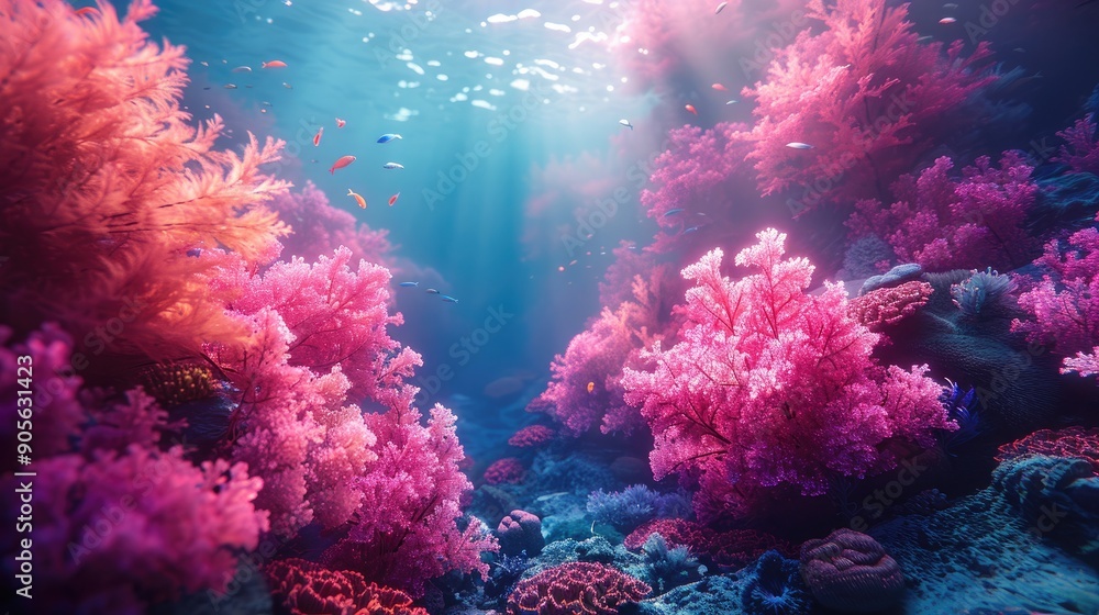 Naklejka premium Innovative Ocean with Glowing Coral Reefs and Holographic Elements for a Futuristic Adventure