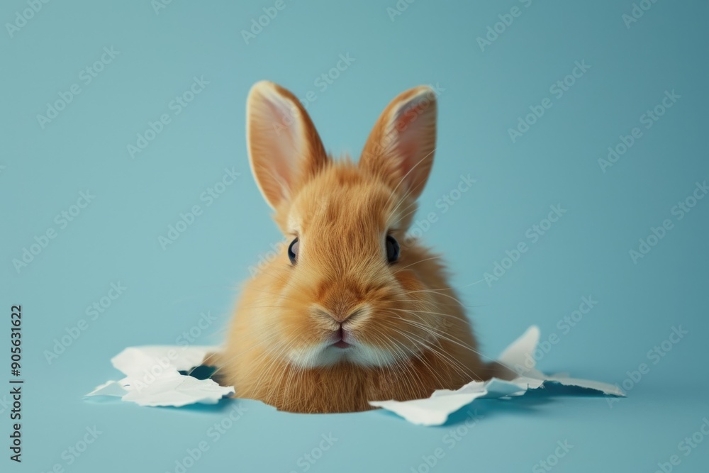 Obraz premium A rabbit is peeking out from behind a piece of paper. The rabbit is small and brown, and it is curious about what is on the other side of the paper. The scene is simple and peaceful