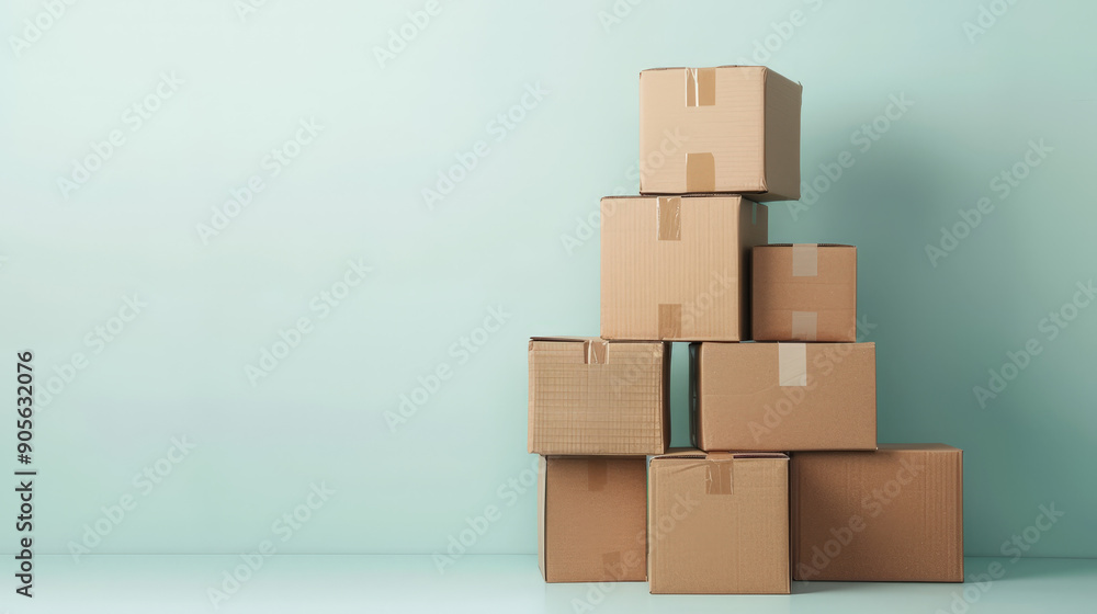 neatly stack pile of cardboard boxes on a plain colorful background