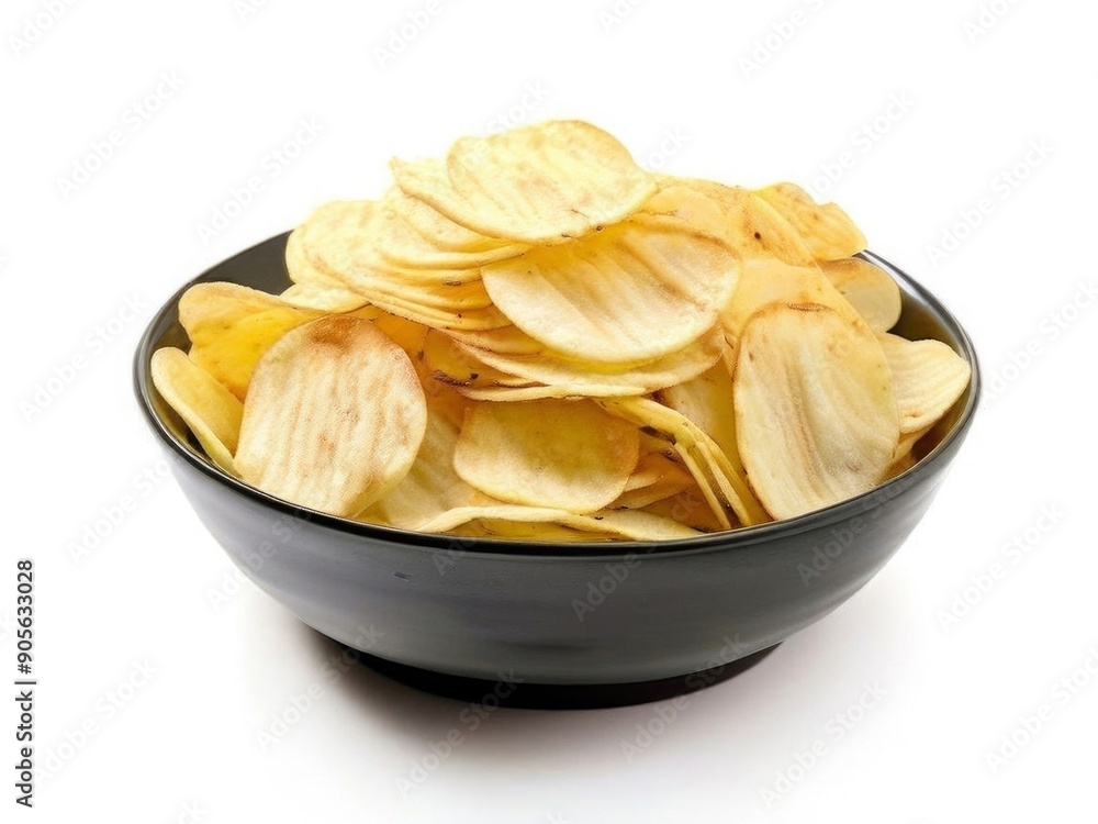 Bowl of potato chips isolated on white background. AI generated. Bowl of potato chips isolated on white background. AI generated.