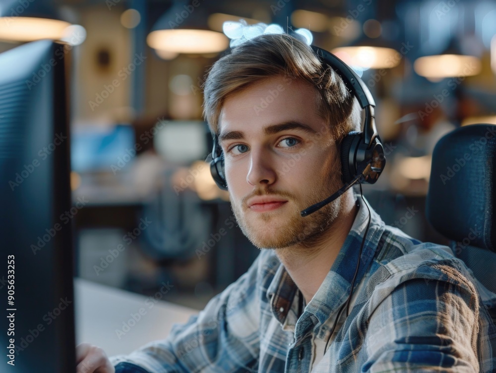 A man wearing a headset is sitting in front of a computer monitor. He is smiling and he is enjoying his work A man wearing a headset is sitting in front of a computer monitor. He is smiling and he is enjoying his work