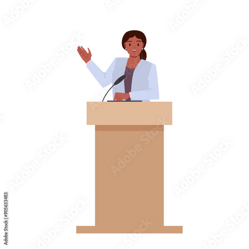 Female politician and confident leader, candidate for president standing at podium on politic meeting. Public speech of young woman speaker at tribune with microphone cartoon vector illustration