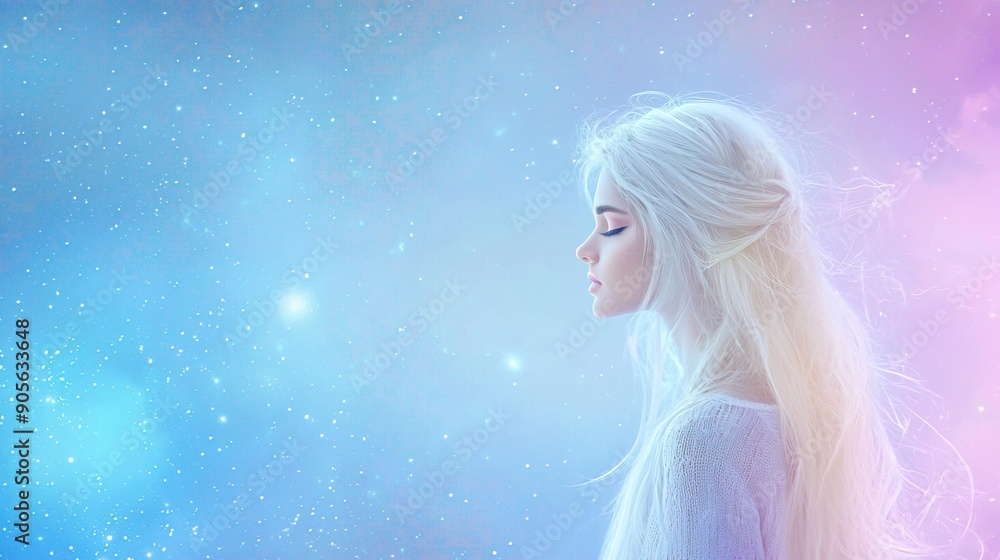 Mystical woman with long white hair against a dreamy galaxy backdrop. Mystical woman with long white hair against a dreamy galaxy backdrop.