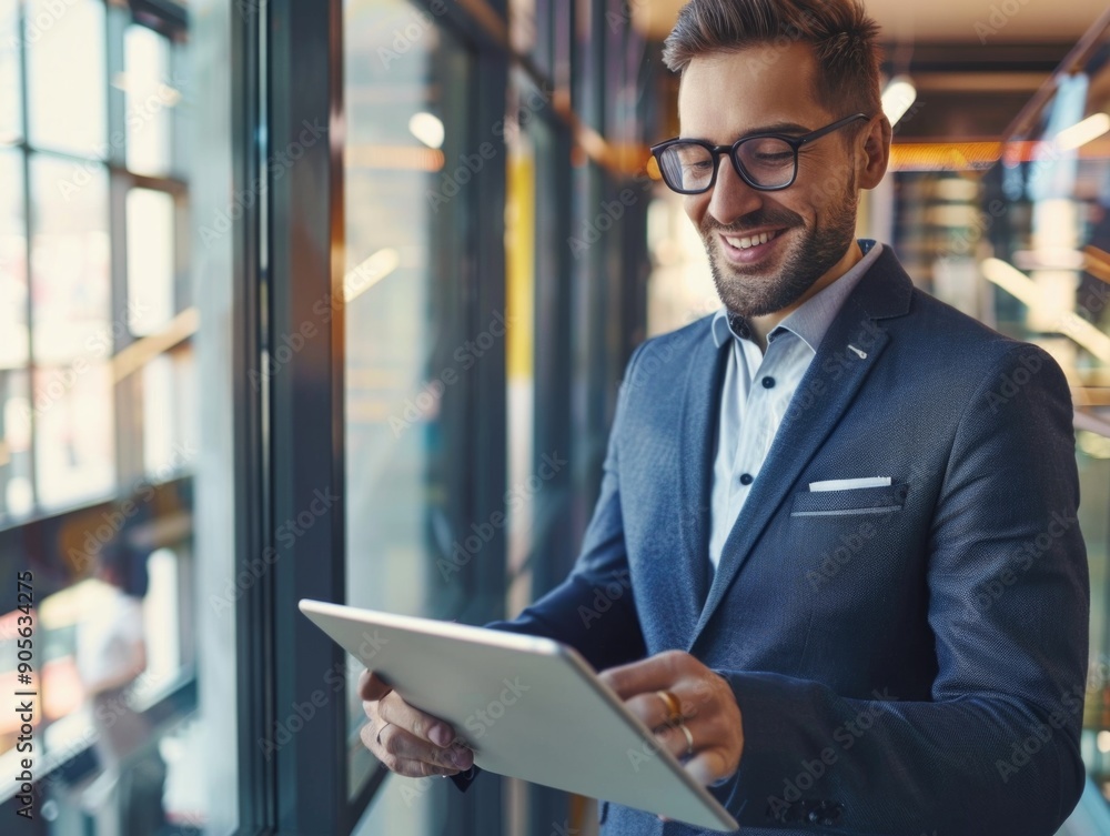 A man in a suit is smiling and holding a tablet. He is happy and content A man in a suit is smiling and holding a tablet. He is happy and content