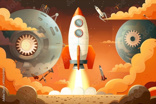 Illustration of a rocket taking off and a large gear in the background. photo