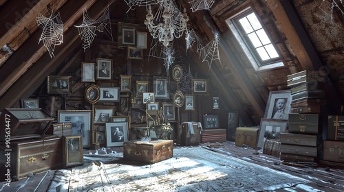 An eerie attic filled with vintage photographs, cobweb-covered chandeliers, and old trunks, with a soft, mysterious light seeping through the gaps in the roof. photo