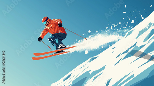 vector illustration, simple colors, freeride skiing. skier jumping against blue sky, Winter sport concept. Design for poster, advertisement for winter sport holidays. Winter activities, winter resort.