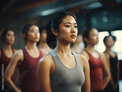 A group of women are standing in a line, all wearing tank tops. One woman is looking at the camera with a serious expression. Scene is focused and determined © vefimov