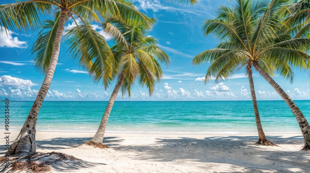 Obraz premium Beautiful view of the beach with palm trees. AI generated.